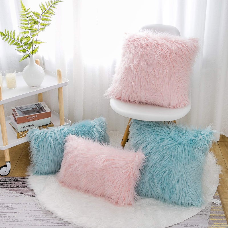 WLNUI Set of 2 Valentines Day Pink Fluffy Pillow Covers New Luxury Series Merino Style Blush Faux Fur Decorative Throw Pillow Covers Square Fuzzy Cushion Case 20x20 Inch - Image 5